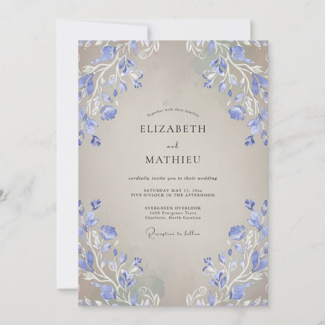 Convite Casamento Roxo Azul Bege (Frente)