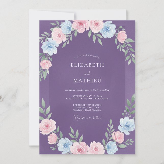 Convite Casamento Roxo Azure Ranunculus Eucalipto (Frente)