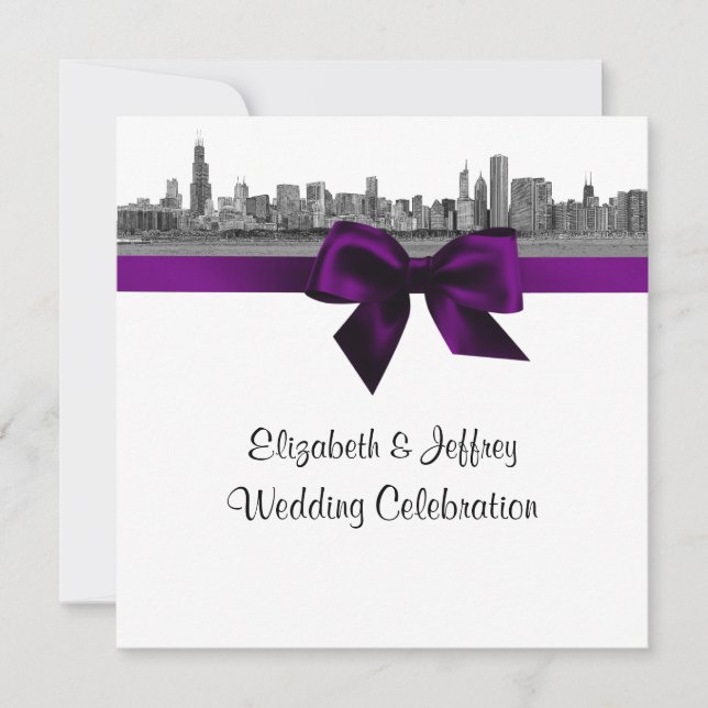 Convite Casamento Roxo BW SQ - Skyline de Chicago (Frente)