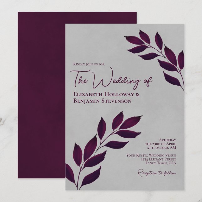 Convite Casamento Roxo Cassis Sonhador Elegante Cinza (Frente/Verso)