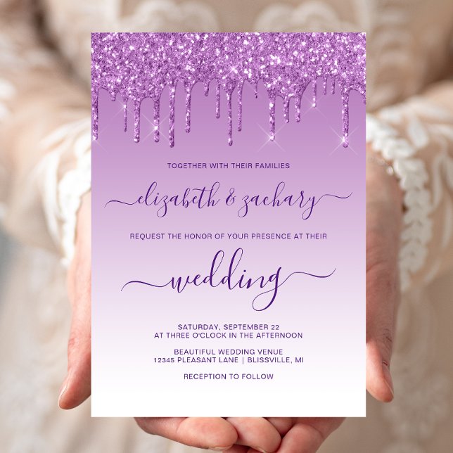 Convite Casamento Roxo Chic com Brilho Pingando (Criador carregado)