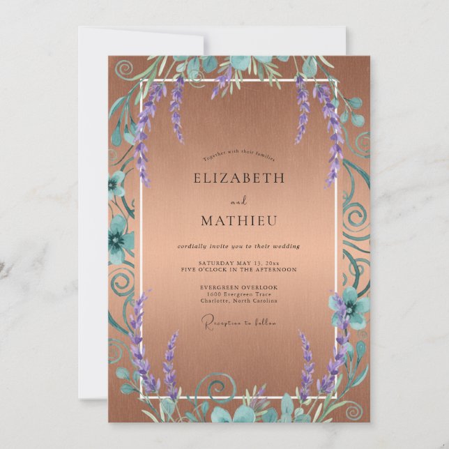 Convite Casamento Roxo Cobre Wisteria (Frente)