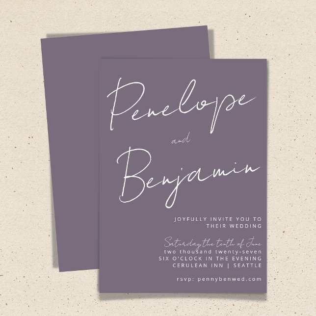 Convite Casamento Roxo com Escrita Manual Moderna (Criador carregado)