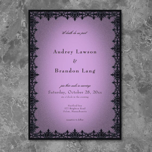 Convite Casamento Roxo com Fronteira de Ferro Gótico Vitor (Victorian Gothic Iron Border Purple Wedding Invitation)
