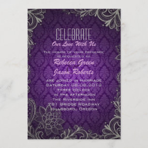 Convite casamento roxo damasco moderno e elegante