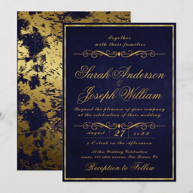 Convite Casamento Roxo de Foil e Textura Dourada de Luxo I (Frente/Verso)