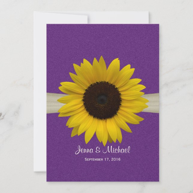 Convite Casamento Roxo de Girassol e Burlap (Frente)
