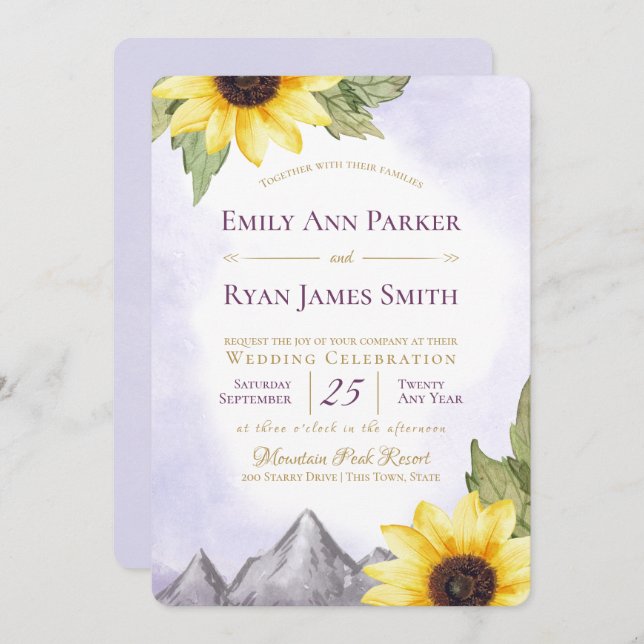 Convite Casamento Roxo de Lavanda de Girassol (Frente/Verso)