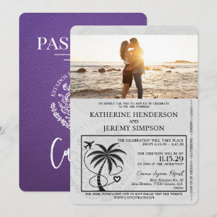Convite Casamento Roxo de Passaporte de Cancún
