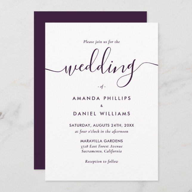 Convite Casamento Roxo de Script Moderno Elegante (Frente/Verso)