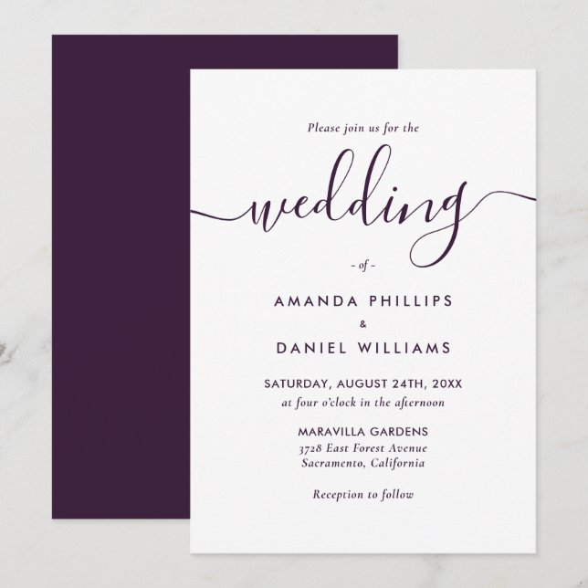 Convite Casamento Roxo de Script Moderno Elegante (Frente/Verso)