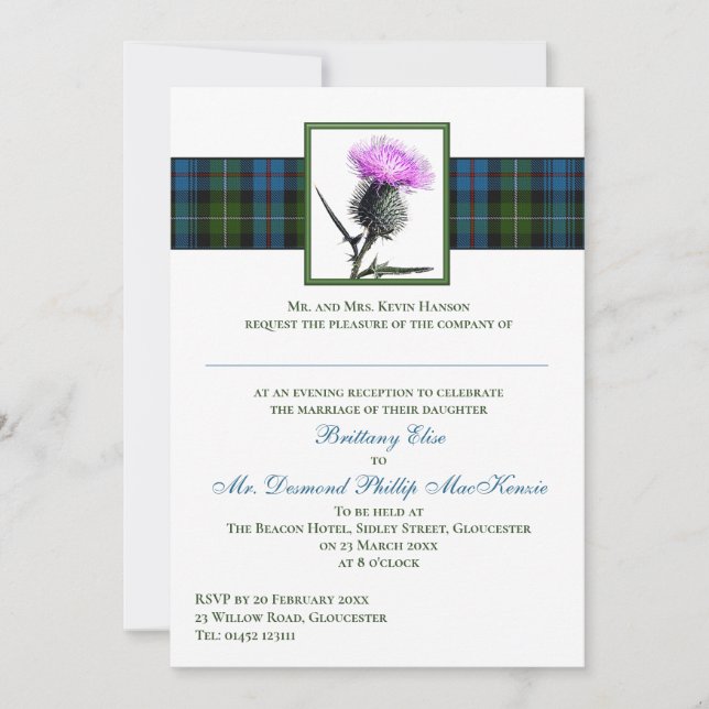 Convite Casamento Roxo de Thistle Verde Mackenzie Tartan (Frente)