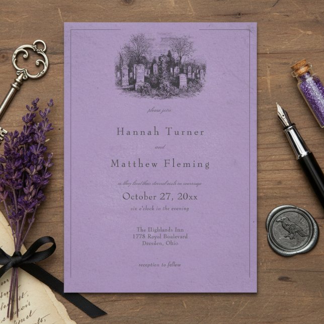 Convite Casamento Roxo de Toile Preto Gótico Antigo (Criador carregado)