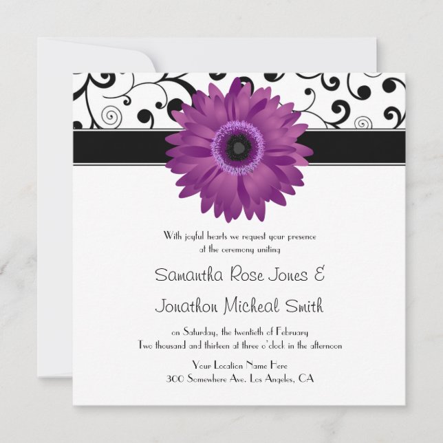 Convite Casamento roxo do design do rolo do preto da (Frente)