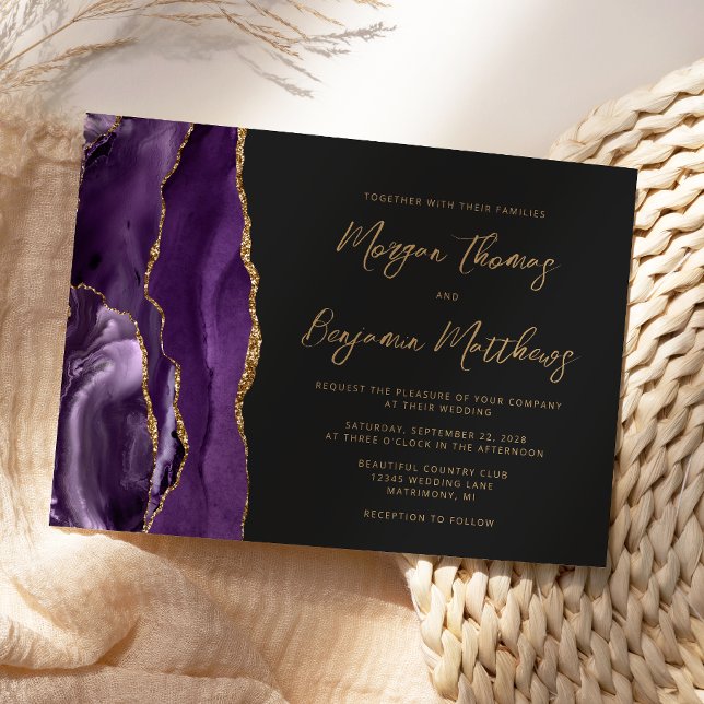 Convite Casamento Roxo Dourado Ágata Escrita Escura (Criador carregado)