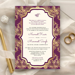 Convite Casamento Roxo-Dourado Código QR Anand Karaj Sikh