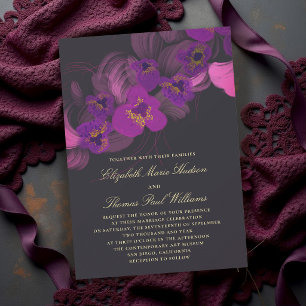 Convite Casamento Roxo Dourado Ousado Orquídea Mal-humorad
