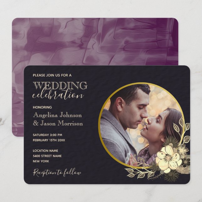 Convite Casamento Roxo Dourado Preto Floral Temperamental (Frente/Verso)