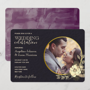 Convite Casamento Roxo Dourado Preto Floral Temperamental
