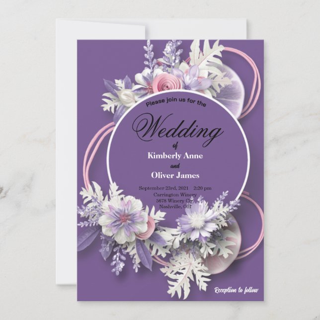 Convite Casamento Roxo e flores brancas e rosadas  (Frente)