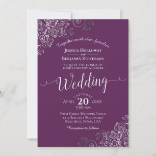 Convite Casamento Roxo Elegante de Caligrafia Prata