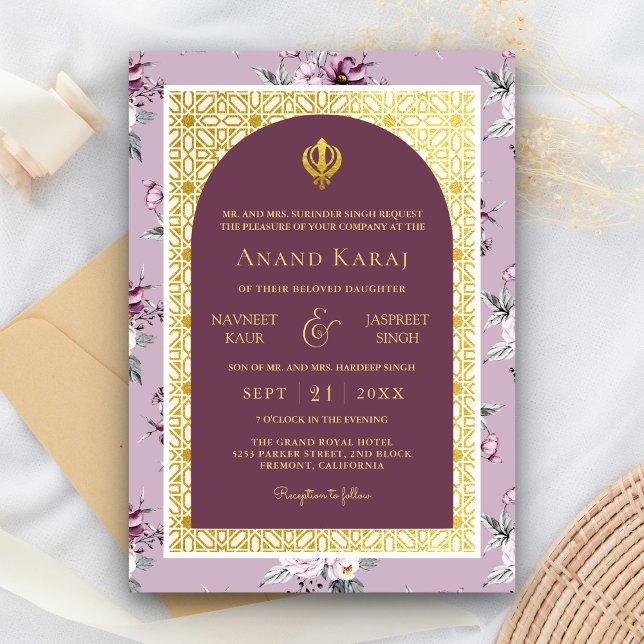 Convite Casamento Roxo Floral Anand Karaj Punjabi Sikh (Criador carregado)