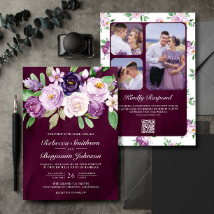 Convite Casamento Roxo Floral Código QR Escuro Tonalidade
