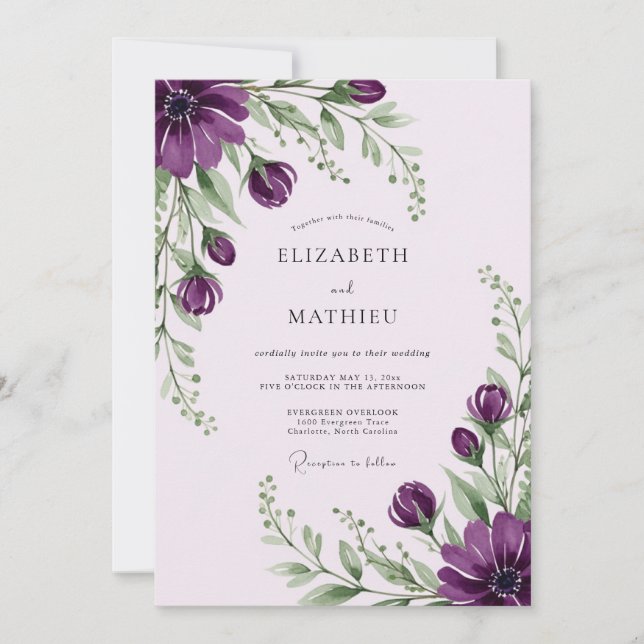 Convite Casamento roxo florescente de primavera (Frente)
