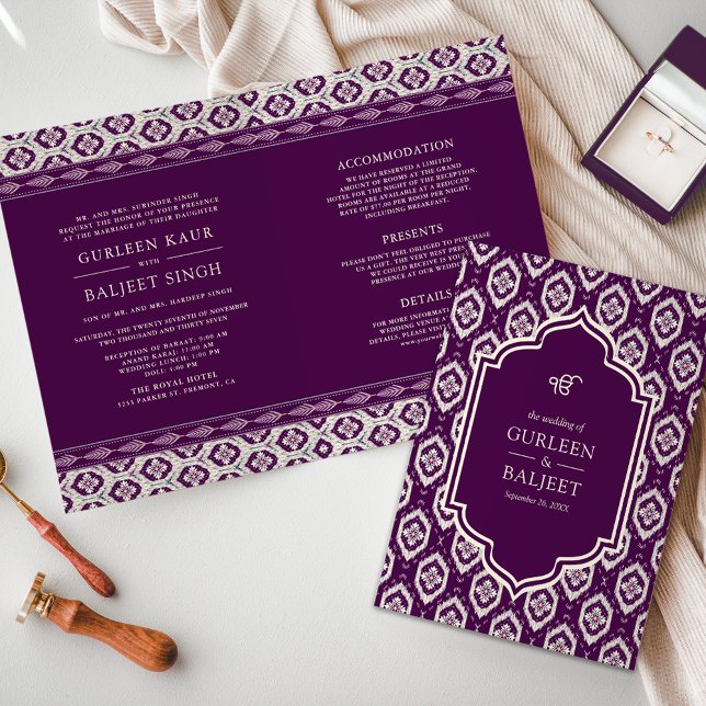 Convite Casamento Roxo Ikat Tudo em Uma Anand Karaj Sikh (Criador carregado)