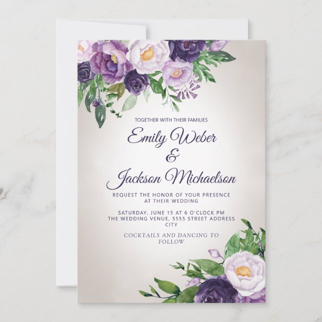 Convite Casamento Roxo Lavanda Folhagem  (Frente)