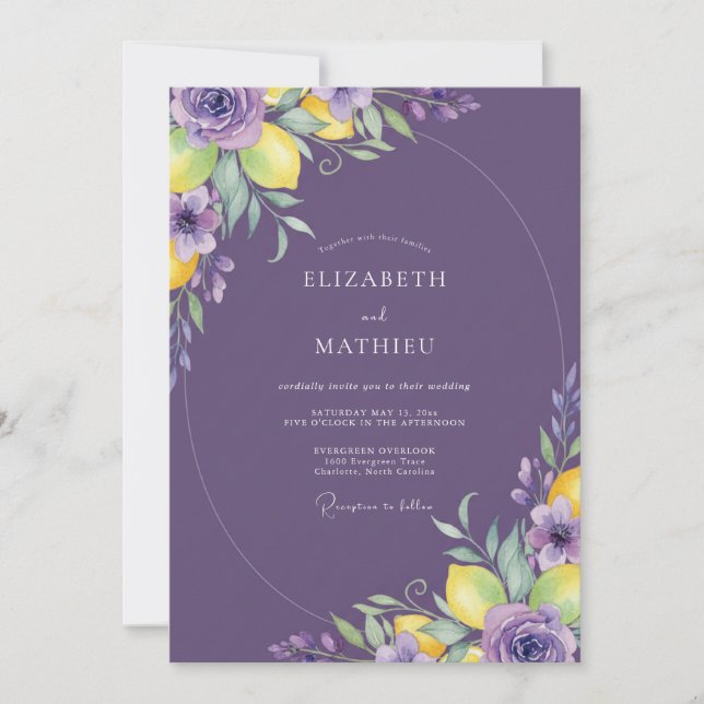 Convite Casamento Roxo Limão Eucalipto (Frente)