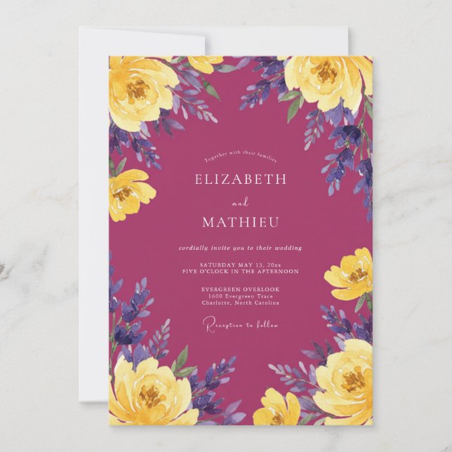 Convite Casamento Roxo Magenta Ranunculus Eucalipto (Frente)