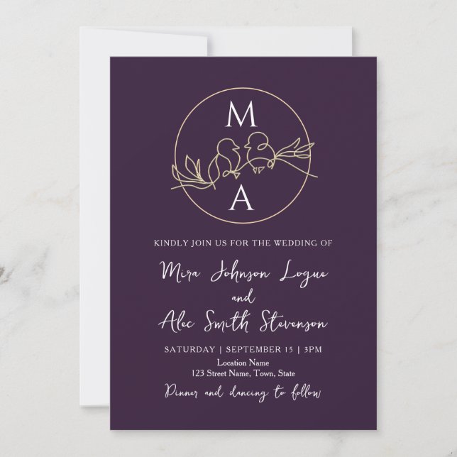 Convite Casamento Roxo Monograma (Frente)