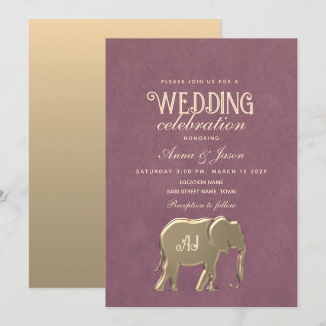 Convite Casamento Roxo Monograma Dourado (Frente/Verso)