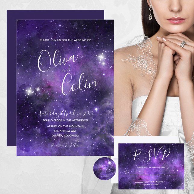 Convite Casamento Roxo Noturno Romântico do Céu Estrelado (Romantic Night Sky Starlight Purple Wedding Invitation)