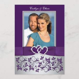 Convite Casamento Roxo, Prata Floral, Corações Foto