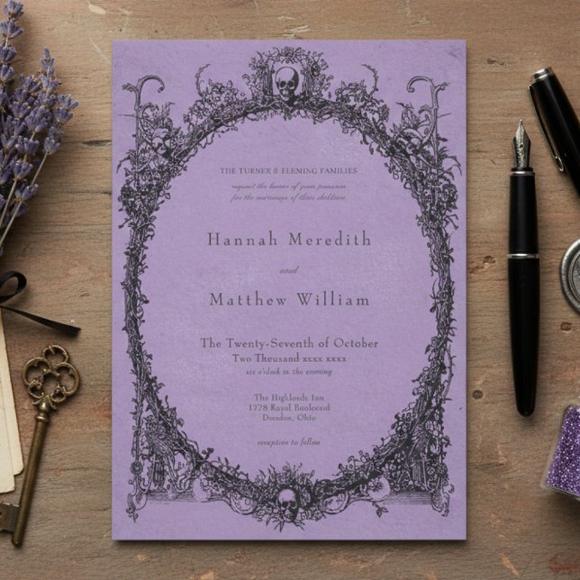 Convite Casamento Roxo Preto Gótico Vintage (Criador carregado)