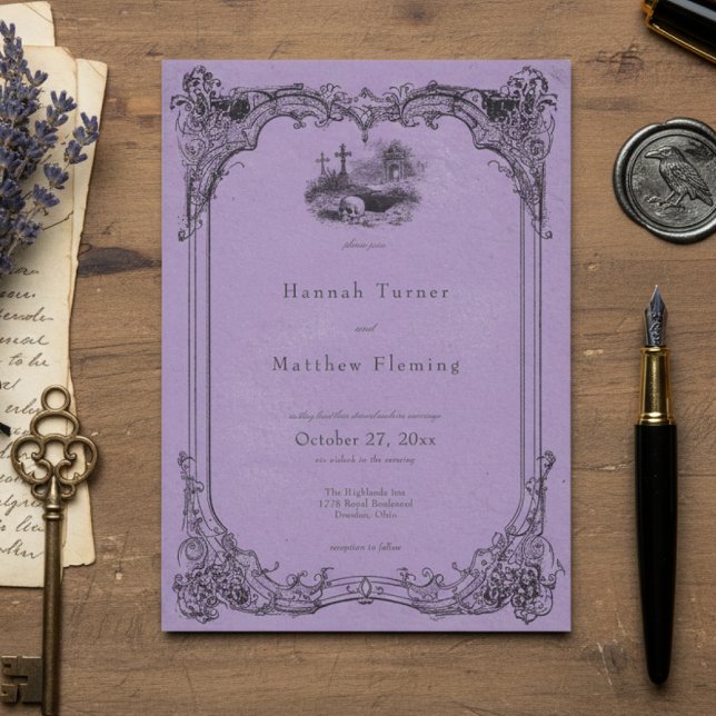 Convite Casamento Roxo Preto Gótico Vintage (Criador carregado)