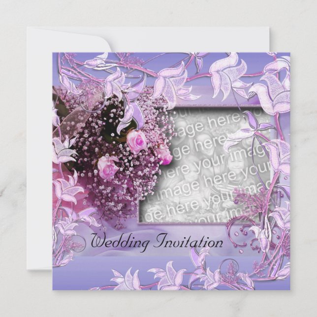 Convite Casamento Roxo Quadro Floral Foto (Frente)