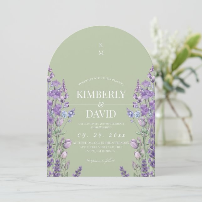 Convite Casamento Roxo Salvia Rústica de Flor Silvestre (Em pé/Frente)
