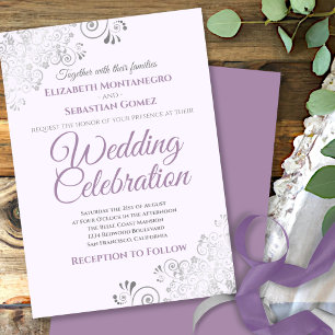 Convite Casamento Roxo Simples Elegante Silver Filigree