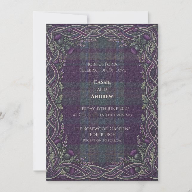 Convite Casamento Roxo Tartan Celtic Cardo (Frente)