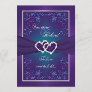 Convite Casamento  Roxo, Teal  Floral  Folha de Corações