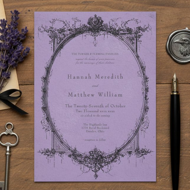 Convite Casamento Roxo Toile Preto Gótico Antigo (Criador carregado)