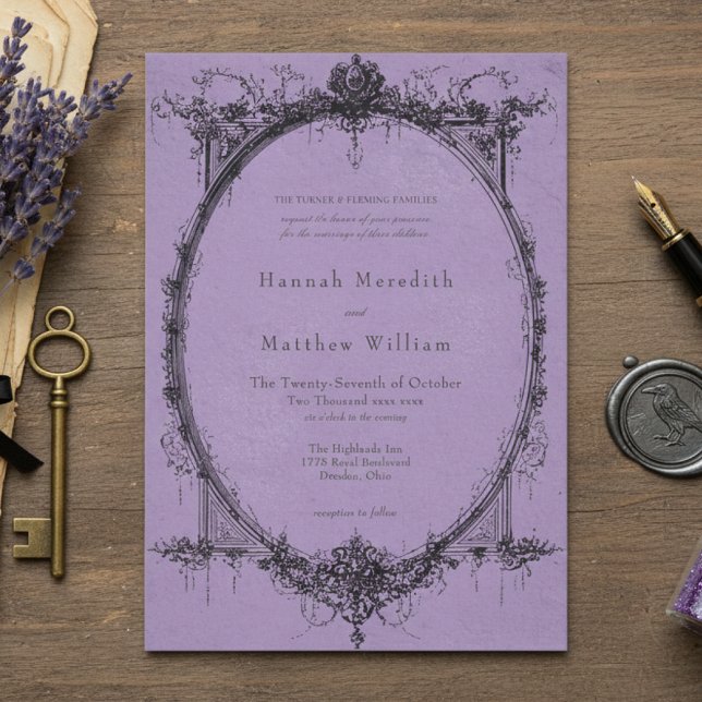 Convite Casamento Roxo Toile Preto Gótico Antigo (Criador carregado)