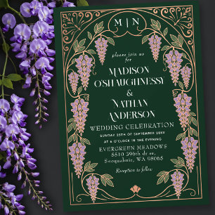 Convite Casamento Roxo Wisteria Art Nouveau Dourado Rosa