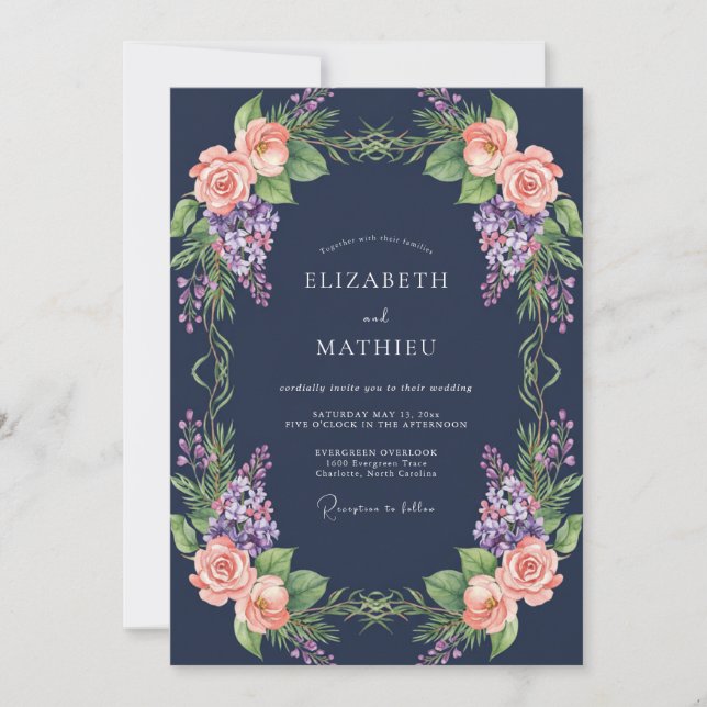 Convite Casamento Roxo Wisteria Meia-Noite (Frente)