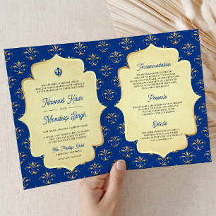 Convite Casamento Royal Blue Dourado com Anand Karaj Sikh