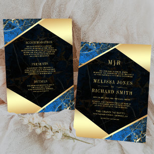 Convite Casamento Royal Blue Gold Mármore Monograma Tudo e