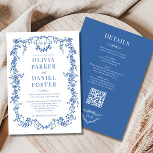 Convite Casamento Royal Blue Tudo em Um Código QR Vitorian